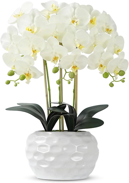 Orchid Artificial Flowers with White Vase Large Silk Faux Phalaenopsis Flowers for Dining Room Table Floral Centerpieces Indoor Decoration,White
