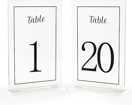 Acrylic Table Numbers 1-20 with Stand, Printed Black Font on 4x6 inch Acrylic, Clear Table Number Signs and Holders, Centerpiece for Events, Weddings, Reception, Party, Anniversary, and Decoration