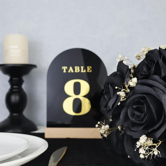 Wedding Table Numbers 1-20, Acrylic Arch Signs with Natural Wood Stands Holders, Rustic Table Decor for Reception & Parties (Black Gold)