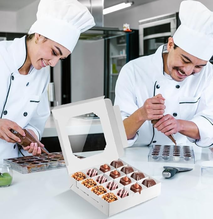 25 Pack White Bakery Boxes, Sweet Boxes with Windows and Divider, 16-Compartments Dessert Box for Chocolate Sweet Assortment