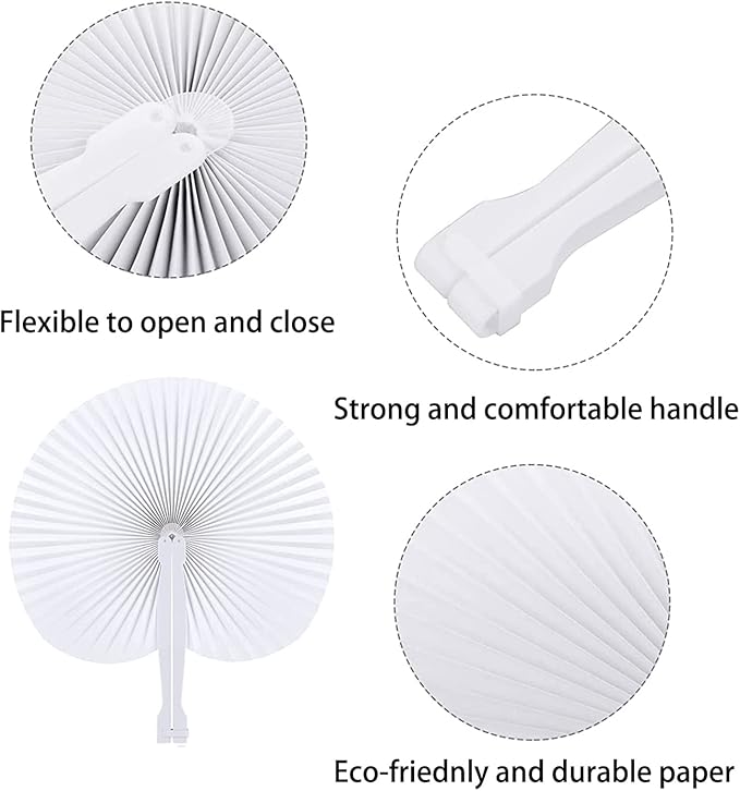 ZWIN 48 Pcs Paper Fans Wedding Paper Fans for Guests Pocket Folding Paper Fans with Plastic Handle White Blank Paper Fans for Guests Celebartion Party Decoration