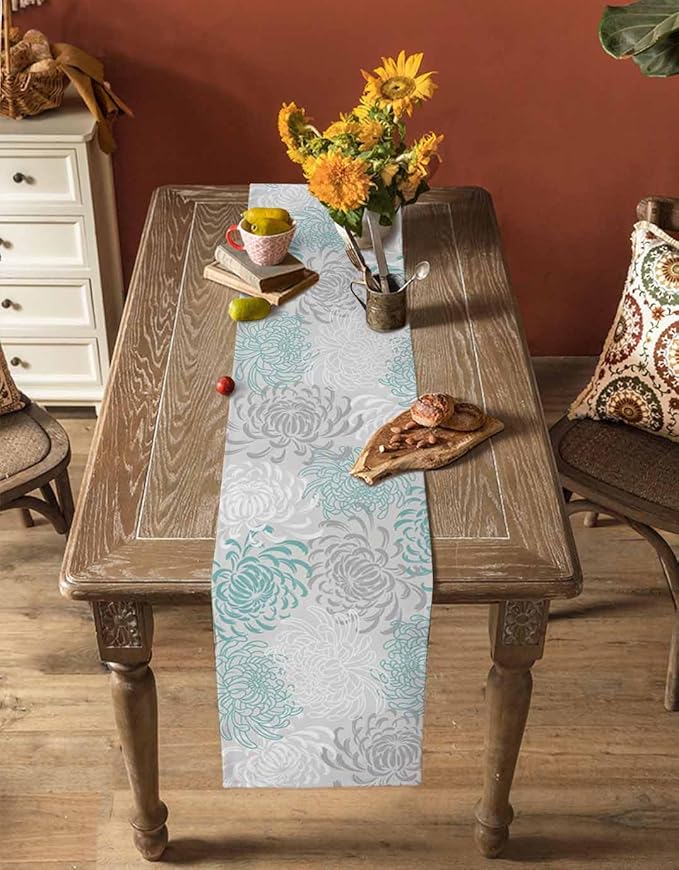 Auqa Chrysanthemum Cotton Linen Table Runner for Dining Kitchen, Wedding Outdoor Party Tablerunners Decoration, Farmhouse Floral Botanical Leaves Dresser Scarf Coffee Tablecloth Runners 13x36 Inches