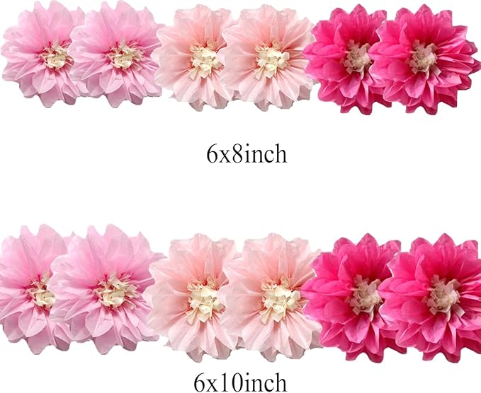 12pcs 8in 10in Paper Flowers Tissue Flowers Pom Paper Pom Poms Hanging Flowers Floral Backdrop Wedding Party Flower Decorations DIY Art Craft Blooms for Birthday Baby Shower Nursery Decor Pink