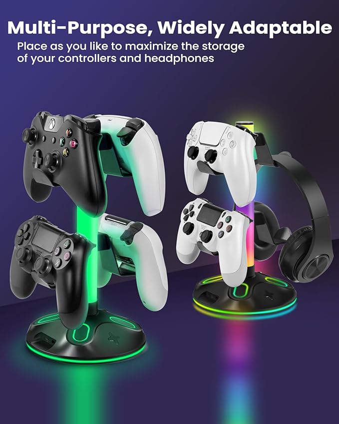 RGB Headphone Stand for Desk, Innovative Headset Stand with 9 Light Modes - Controller Holder with USB Charging and Type-c Port, Gamepad Earphone Accessories (Black)