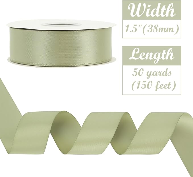 HUIHUANG Dusty Sage Ribbon 1-1/2 inch Double-Faced Satin Ribbon Sage Green Ribbon for Gift Wrapping, Flower Bouquet Wrap, Invitations, Holiday Decor, Bows Making, Crafts-50 Yards