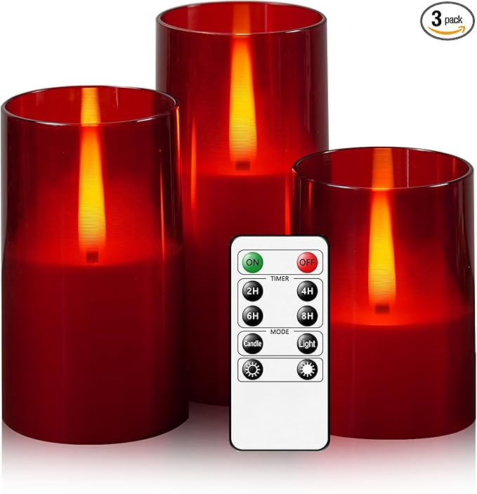 Flameless LED Candles, Upgraded Realistic Flickering Flame Pillar Battery Operated Candles with Remote Timer, Acrylic Electric Set of 3 for Home Decoration and Holiday Celebrations（Red）