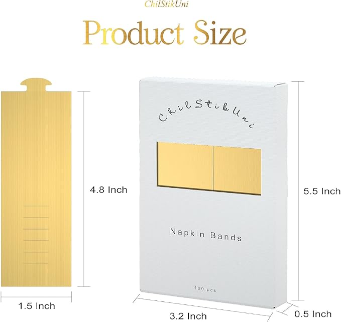 Polymer Material Reusable Napkin Band, Glue-Free Tear-Proof Water Resistant Oil-Proof Napkin Bands Set of 100(Front Brushed Gold Color and Back Silver), 6 Adjustable Sizes Napkin Rings