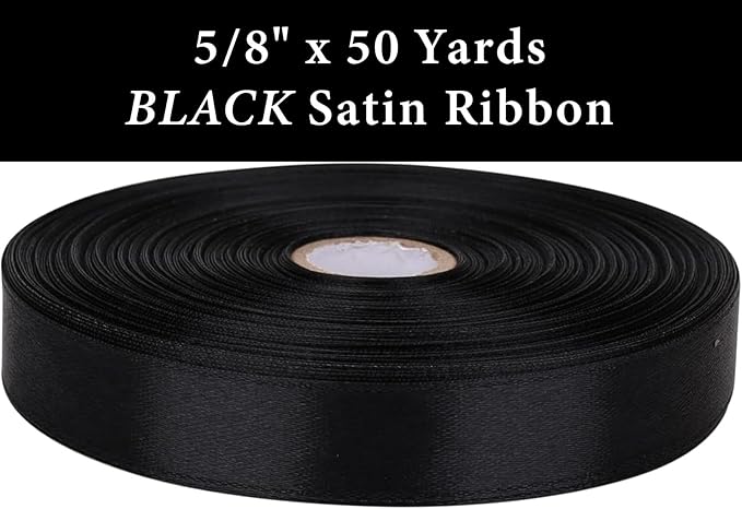 5/8 Inch Black Satin Ribbon 50 Yards Solid Fabric Ribbons for Gift Wrapping, Crafts and DIY Projects, Bows Making, Wedding, Party, Holiday Decor