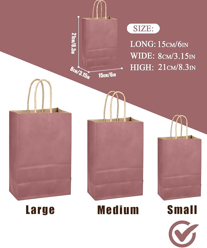 qiqee Dusty Rose Brown Gift Bag with Handles Bulk 24Pcs Paper Bags -8.3"x6"x3. 15" Party Favor Bags - Solid Color