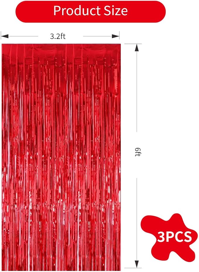 3Pcs Red Metallic Tinsel Foil Fringe Curtains,3.28ft x 6.56ft Red Photo Booth Backdrop Streamer Curtain,Photo Booth Props,Ideal Bachelorette Party Supplies,Birthday, Christmas,New Year Decorations
