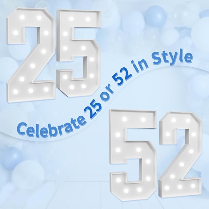 imprsv Marquee Numbers Large 25th-Birthday Decorations: 4ft Light Up Number Graduation Decoration 2025 Year Old Women Men Party Decor Backdrop 52 Anniversary Foam Board Big Number 25