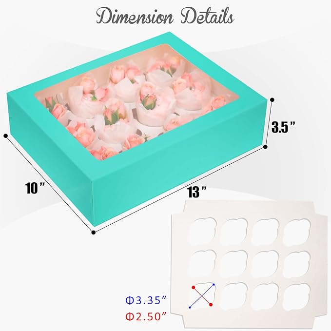 12 Cupcake Containers 10-Packs Cupcake Box Cupcakes Carrier, Mint Blue 12 Cupcake Boxes with Window 13"x10"x3.5"