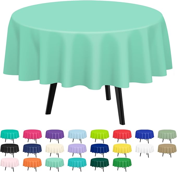 QIKSION Fresh Mint Round Tablecloth 6 Pack, 84 Inch Plastic Table Cover Disposable for Parties