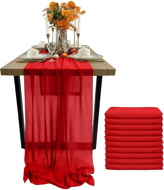 EHLDekol Chiffon Table Runners Romantic Sheer Wedding Table Runner Top Table Bridal Party Decoration (Red, 10ft, 10Pack)
