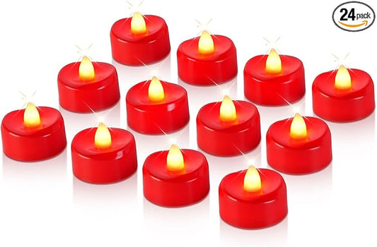 Raycare Red LED Tea Lights Battery Operated, 200+Hour Flickering Votive Candles,Realistic Fake Flameless Tea Lights for Wedding Party Halloween Thanksgiving Christmas Decorations, 24 Pack