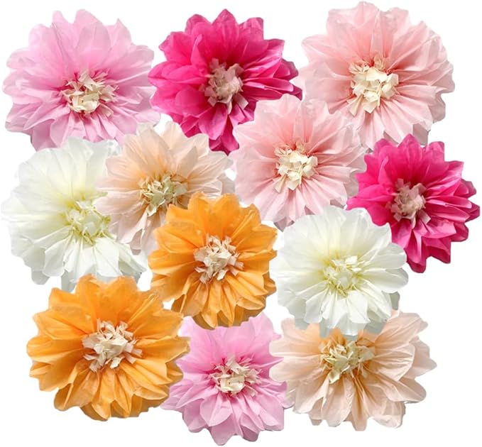 12pcs 10in 12in Paper Flowers Tissue Flowers Pom Paper Pom Poms Hanging Flowers Wall Backdrop Wedding Party Flower Decorations DIY Art Craft Blooms for Birthday Baby Shower Nursery Decor Multi