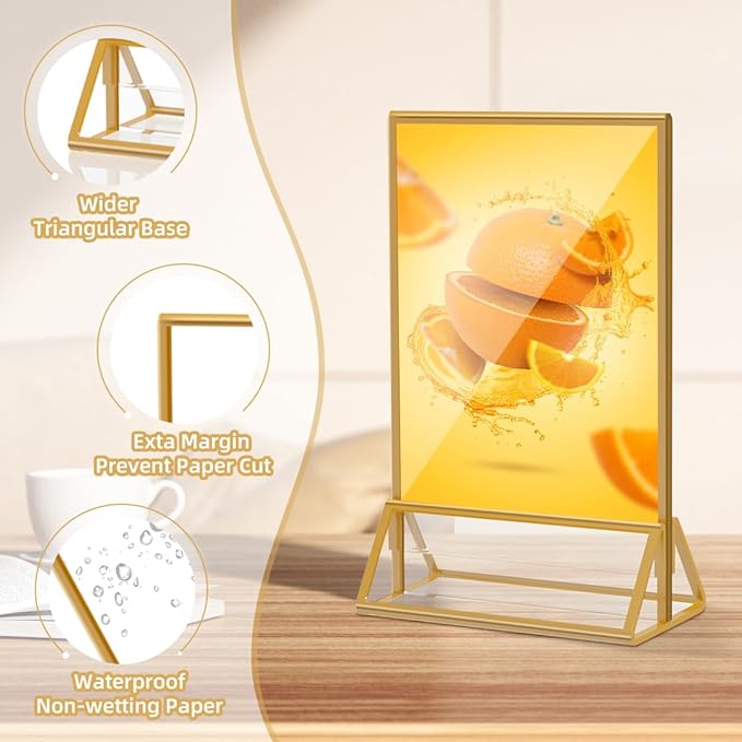 Acrylic Sign Holder 5x7 Gold Display Stand, Clear and Stable Table Plastic Paper Holder, Acrylic Frames for Home Office Shop Photo Frames Exhibition (6pcs)