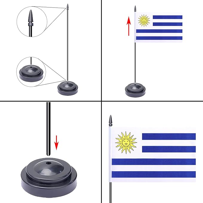 WXTWK 2 Pack Uruguay Flag Uruguay Deluxe Desk Flag Set - Mini Small Uruguayan Table Office Flags with Black 12" Solid Pole Stand Base Classroom Meeting Desktop Decorations