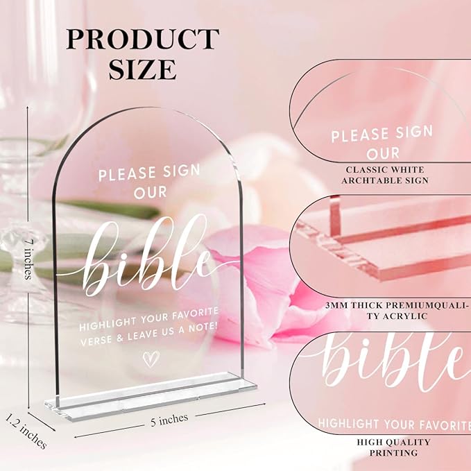 Wedding Decor，Bible Guestbook Sign,5 x 7 Inch Arch Acrylic Sign, Wedding Sign for Ceremony and Reception, Wedding Decorative Signage For Table Decor (White)