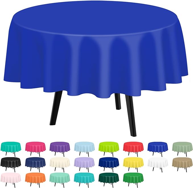 QIKSION Dark Blue Round Tablecloth 12 Pack, 84 Inch Plastic Table Cover Disposable for Parties