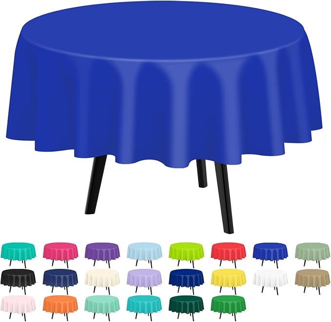 QIKSION Dark Blue Round Tablecloth 3 Pack, 84 Inch Plastic Table Cover Disposable for Parties