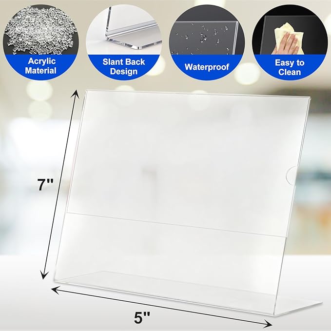 Horizontal Acrylic Sign Holder 5 x 7, L-Shape Clear Plastic Display Stand for Tabletop, Acrylic Stands for Flyers, Table Paper Holder, Vertical Sign Holder 5x7 for Restaurants, Office and School (Slant 6 Pack 7x5)