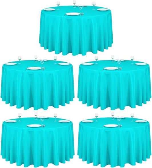 LTC LINENS 5 Pack 120 Inch Round Tablecloth Turquoise - Bulk for 60 Inch Round Table Floor Length - Washable, Wrinkle Resistant Polyester Fabric Cloth for Parties