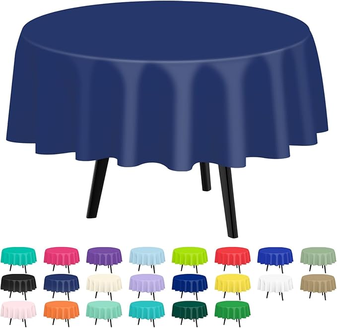 QIKSION Navy Blue Round Tablecloth 6 Pack, 84 Inch Plastic Table Cover Disposable for Parties