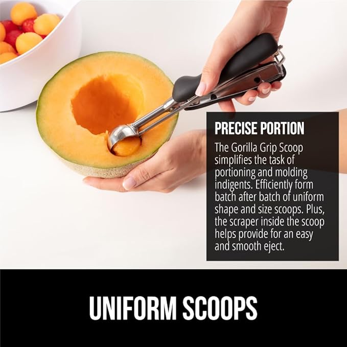GORILLA GRIP Stainless Steel Cookie Scoop for Baking, 2 TSP, Multipurpose Melon Baller, Meatball Spring Scoops, Perfect Portion Sizes, Easy Food Release, Scooper Size 100, BPA-Free Kitchen Tool, Black