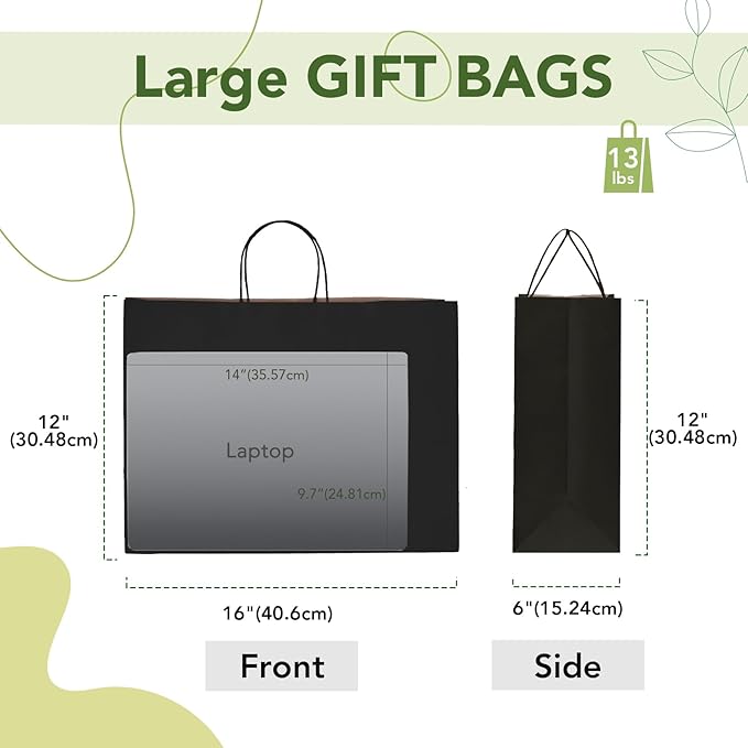 MESHA Large Black Paper Bags with Handles 16x6x12 Inch 25 Pack Paper Shopping Bags Large Gift Bags Craft Bag Kraft Bag for Small Business