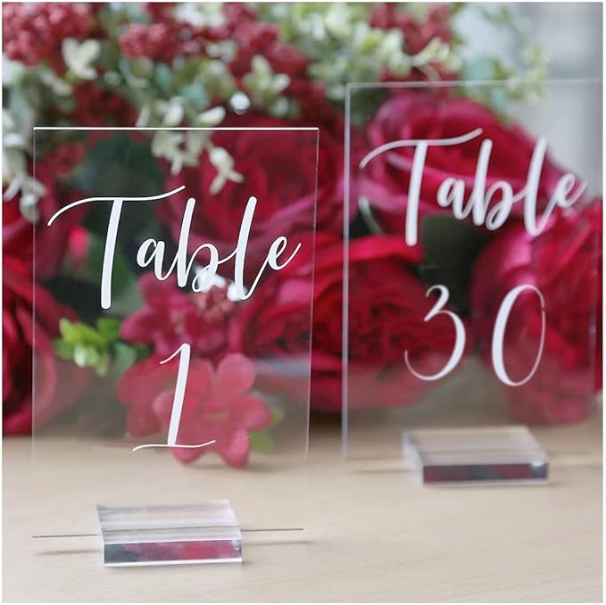 UNIQOOO Acrylic Wedding Table Number 1-30 with Stands | 4x6 inch Printed Calligraphy, Sign and Holder | Perfect for Wedding, Reception, Centerpiece Decoration, Event, Party