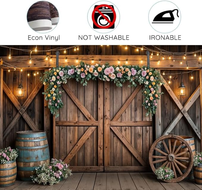 6x6ft Country Wedding Photography Backdrop Rustic Barn Door Photography Backdrop Farmhouse Pink Flower Cabin Wooden Birthday Baby Shower Wedding Bridal Party Banner Photo Booth Props Background