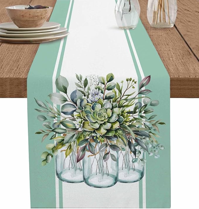 Eucalyptus Cotton Linen Table Runner for Dining Kitchen, Wedding Outdoor Party Tablerunners Decoration, Green Leaves Botanical Plants Watercolor Dresser Scarf Coffee Tablecloth Runners 13x36 Inches