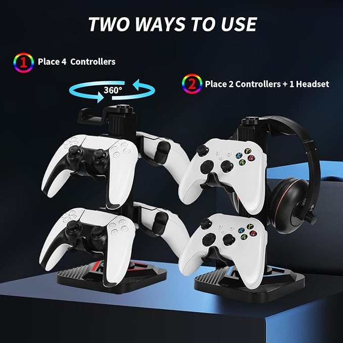 Universal Gaming Controller Stand Compatible with Xbox/PlayStation 5/PC | Headset Stand with 7-Color RGB Lighting Modes | 360° Rotatable Base & Detachable Hooks with Sturdy Anti-Slip Base