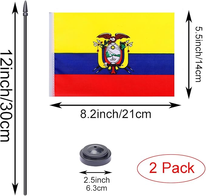 WXTWK 2 Pack Ecuador Flag Ecuador Deluxe Desk Flag Set - Mini Small Ecuadorians Table Office Flags with Black 12" Solid Pole Stand Base Classroom Meeting Desktop Decorations