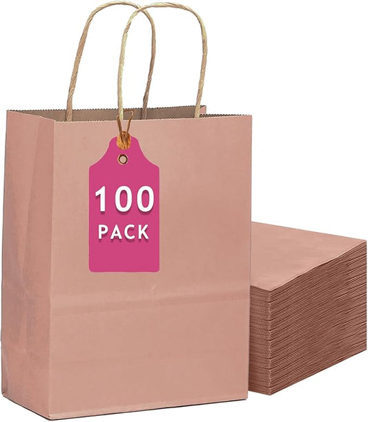 qiqee 100PCS Gift Bag with Handles Bulk Kraft Dusty Pink Paper Bags Multiple Uses (13"x10.3"x4.6"- Large Size)