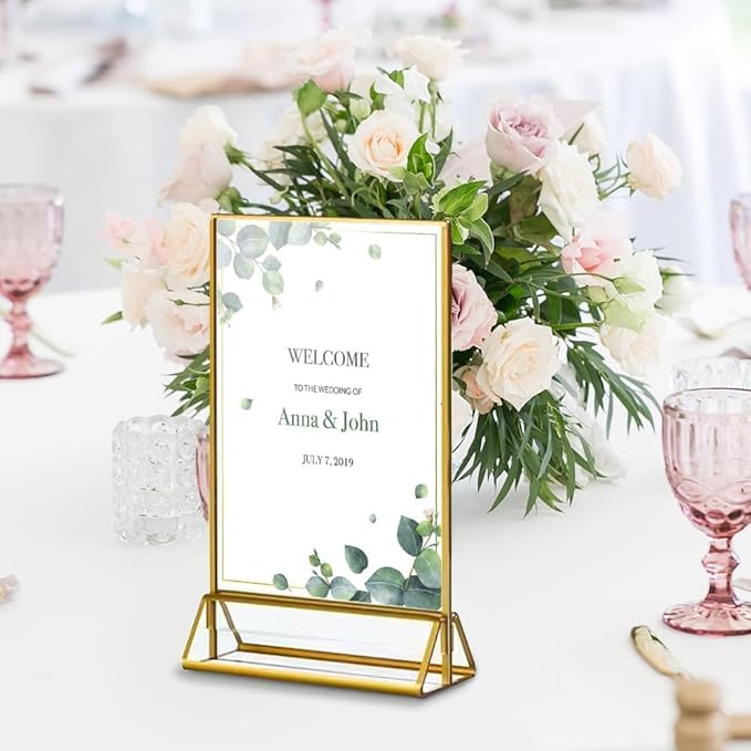16 Pack Gold Acrylic Sign Holder, 4x6 Inch Picture Frames Wedding Double Sided Display Clear Sign Holders Stand Desktop Table Menu for Wedding Party Restaurant