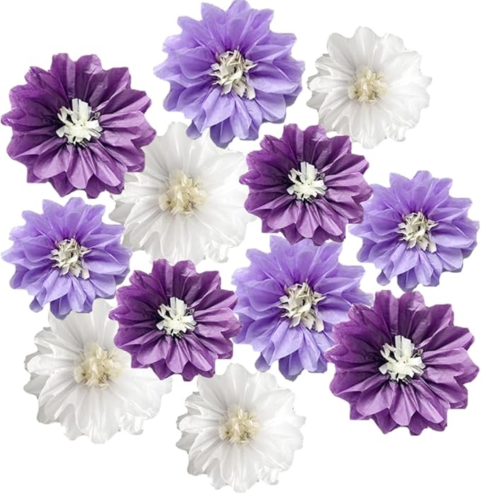 12pcs 10in 12in Paper Pom Poms Hanging Paper Flowers Wall Backdrop Wedding Party Flower Decorations DIY Art Craft Blooms for Birthday Baby Shower Nursery Decor Purple