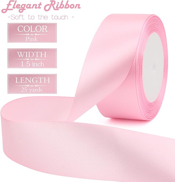 Pink Solid Satin Ribbon 1-1/2 Inch 25 Yards Solid Polyester Fabric Ribbon for Gift Wrapping Wedding Christmas Baby Shower Birthday Party Decoration Handmade Immortal Flower Craft