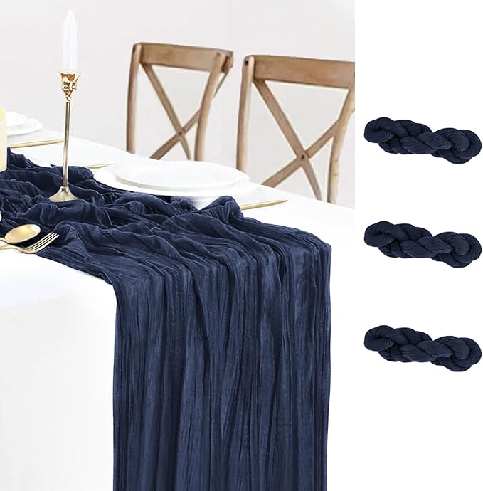 3 Pack Navy Blue Cheesecloth Table Runner 10FT Boho Gauze Cheese Cloth Table Runner Blue for Wedding Party Baby Shower Birthday Summer Home Decor Holiday Decorations