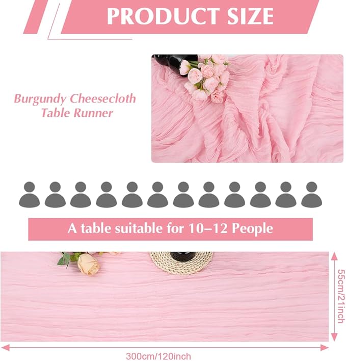 Pink Cheesecloth Table Runner -21*120Inch Long Boho Wedding Table Decor, Rustic Gauze Fabric Runner for Bridal Showers, Baby Showers & Parties (Sheer, Lightweight, Wrinkled Design)