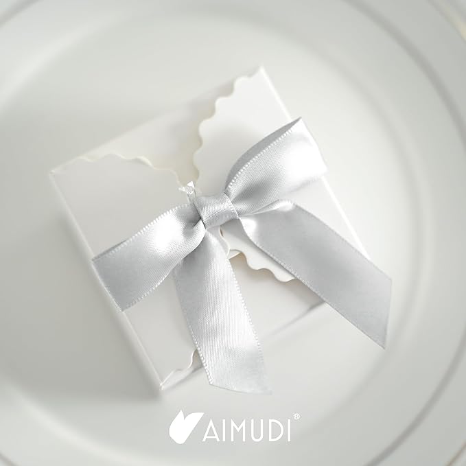 AIMUDI Silver Satin Ribbon Twist Tie Bows 2.5" Pretied Bows Premade Craft Bows for Treat Bags Cake Pop Gift Wrapping Basket Wedding Favors Cookie Candy Bagging Baby Shower - 50 Counts