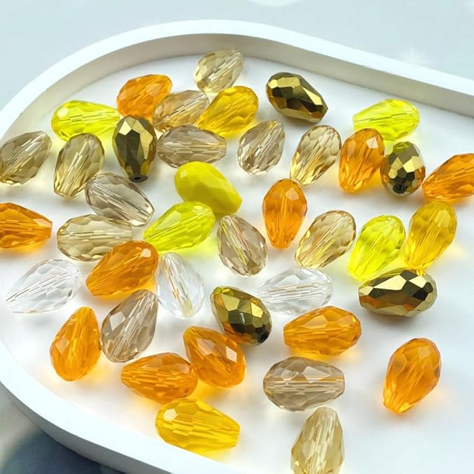 110pcs 6x8mm Teardrop Crystal Glass Beads Vertical Hole Faceted Loose Spacer Beads for DIY Craft Jewelry Making Necklace Bracelet Earring Wind Chimes(Yellow Series)