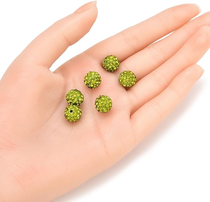 100pcs Adabele Grade A Suncatcher Crystal Rhinestone Pave Loose Beads 10mm Olivine Green Polymer Clay Disco Ball Spacers Compatible with Shamballa All Craft Jewelry Making DB10-17