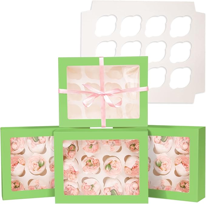 12 Cupcake Containers 10-Packs Avocado Cupcake Box Cupcakes Carrier, 12 Cupcake Boxes with Window 13"x10"x3.5"（Auto-pop up）