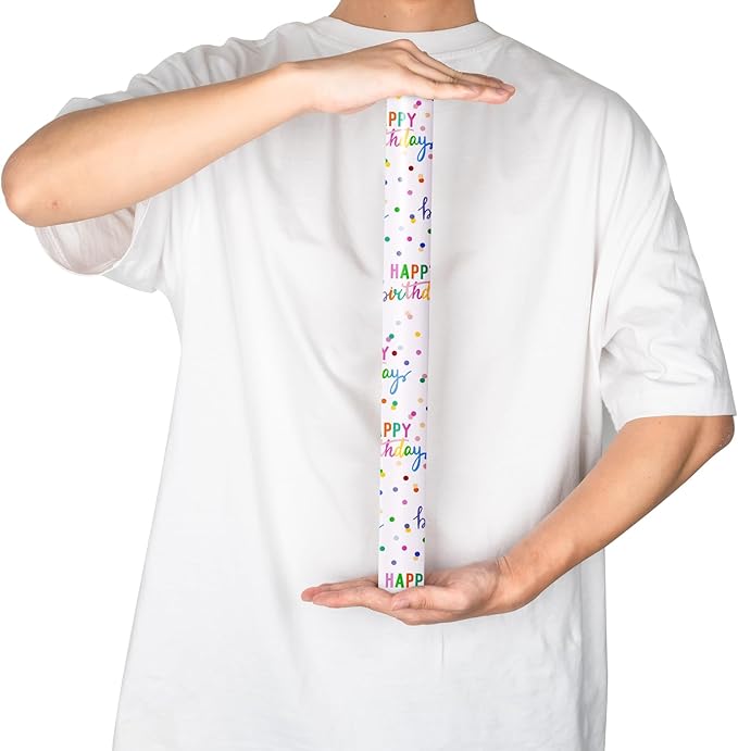 LeZakaa Birthday Wrapping Paper Roll, Happy Birthday Lettering & Colored Polka Dots Design in White for Holiday, Party, Baby Shower, 17 inches x 32.8 Feet (46.45 sq.ft.)