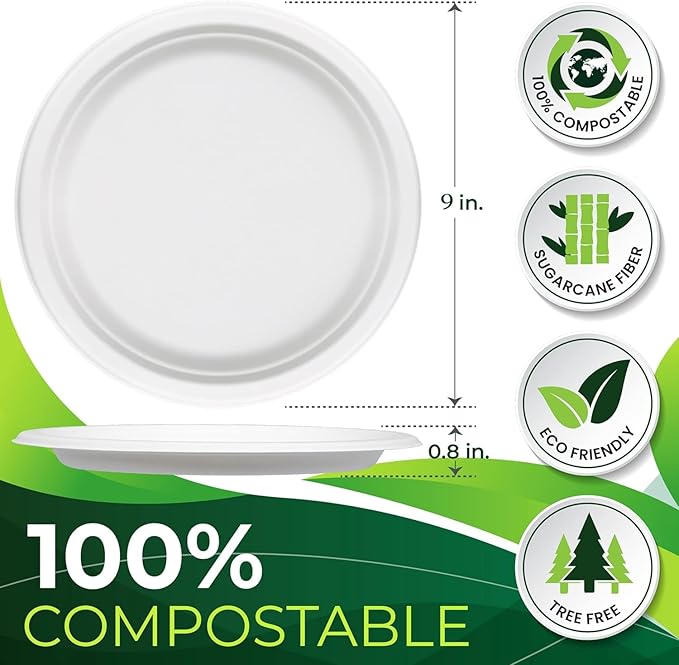150pcs 100% Compostable 9in Paper Plates, Heavy Duty Disposable Eco Friendly Dinner Plates, Biodegradable Made of Sugarcane Fiber