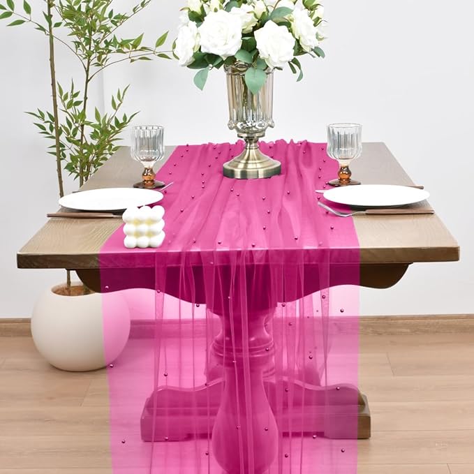 Joanlody Fall Fuschia Pearl Table Runner 10ft Rustic Boho Tulle Table Runner with Pearls for Baby Shower Wedding Party Veil Dessert Thanksgiving Table Decor Hot Pink 4pcs