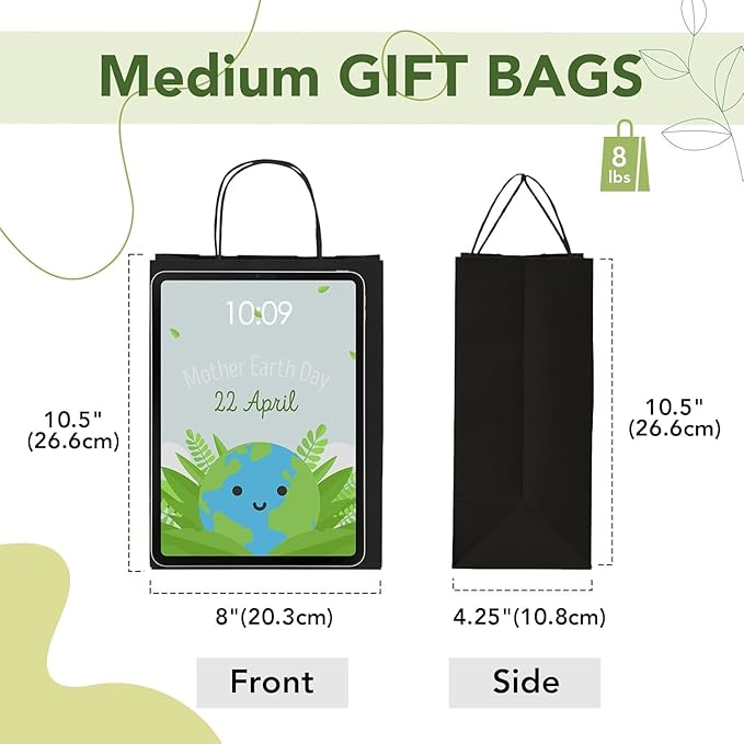 MESHA Gift Paper Bags 300 PACK 8x4.25x10.5'' Black Medium Shopping Kraft Bags Bulk with Handles Reusable for Business,Grocery,Birthday,Wedding,Kids Party,Favors