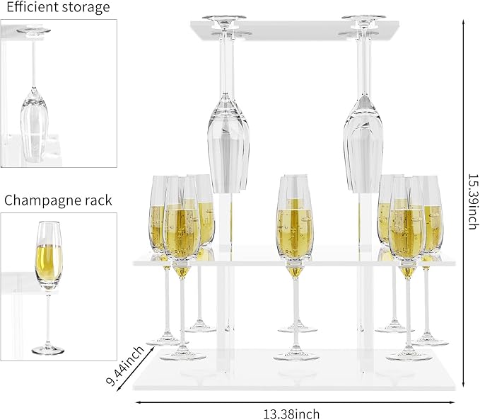 Champagne Tower, Rectangle Acrylic Champagne Display Rack Stand with 12 Slots, 2 Tiers Floating Sight Champagne Flute Holder for Party, Wedding, School, Celebration, 13.3x9.4x15.3 inch, 2 Pcs